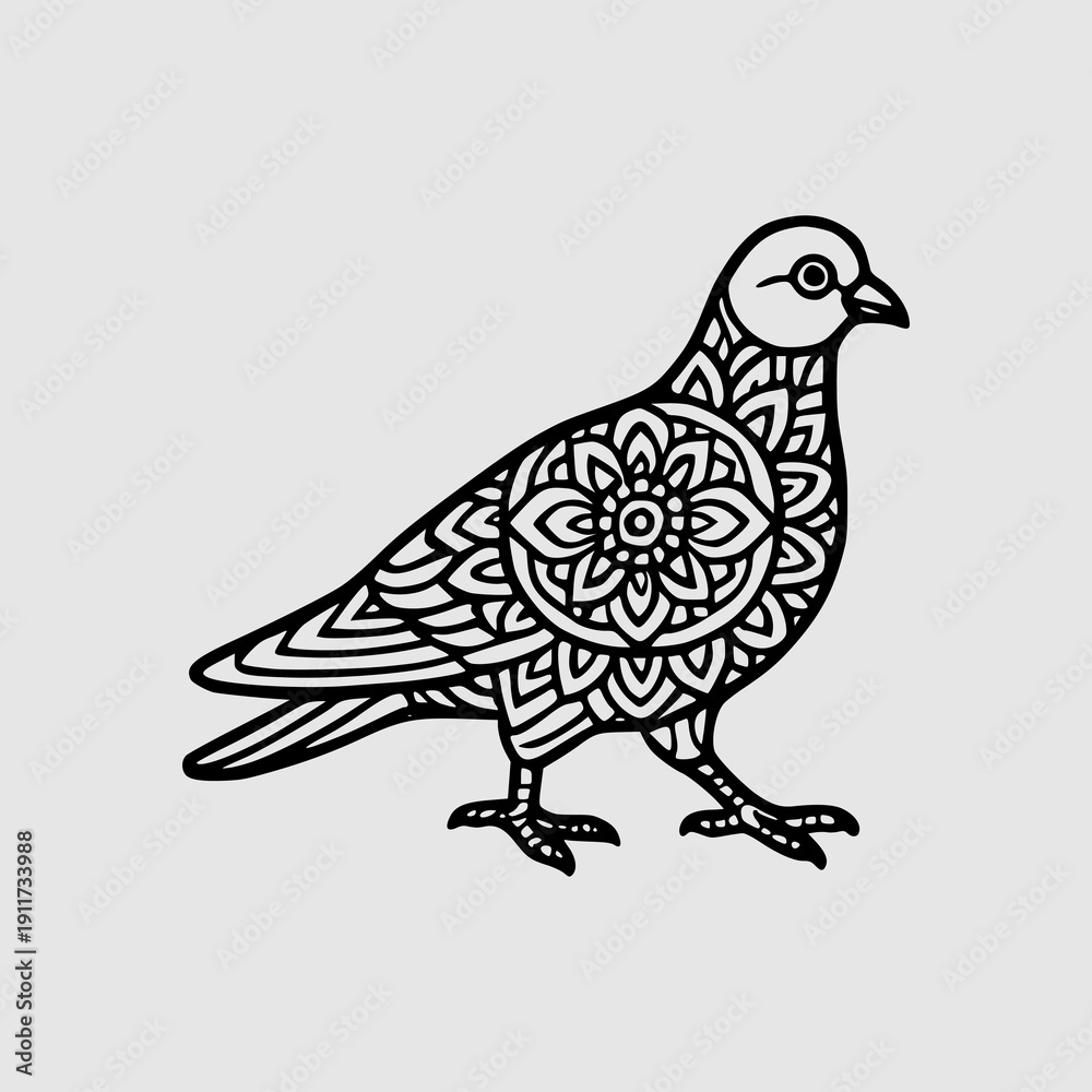 Fototapeta premium Pigeon Silhouette with Intricate Mandala Pattern Inside Body Design