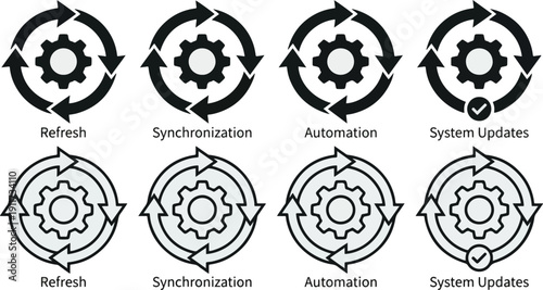 Sync process and workflow icon set. Productivity, setting, synchronization, gear wheel with arrow symbol on white background - stock vector.