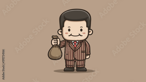 Cute cartoon illustration of a smiling man in a pinstripe suit holding a money bag