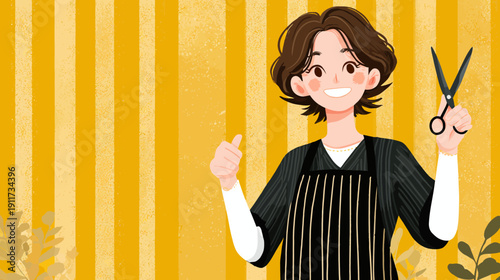 A smiling person with dark hair, a striped apron, and scissors. Thumbs-up gesture, against yellow backdrop