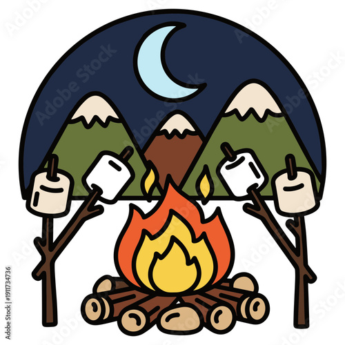 Campfire with S'mores Under the Moon and Mountains