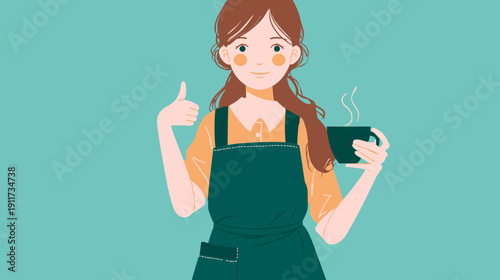 Illustration of a woman in an apron, holding a steaming mug, and giving a thumbs-up