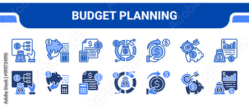 Budget Planning Icon Collection,  featuring Planning, Budgeting, Budget, Allocation, Expenditure, Goal setting, Reporting.