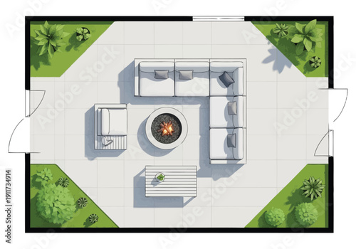 Modern outdoor living room design featuring a sectional sofa L shape around a circular fire pit with a coffee table and green landscaping overhead