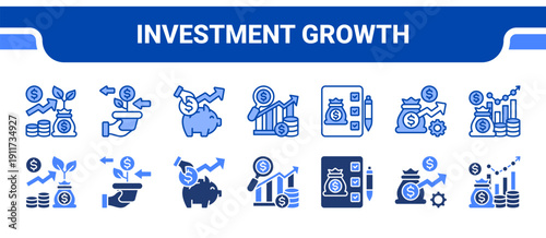 Investment Growth Icon Collection,  featuring Investment, Investment return, Savings plan, Analysis, Evaluation, Optimization, Financial.