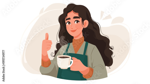 A smiling woman with curly dark hair, holding a coffee cup and giving a thumbs up