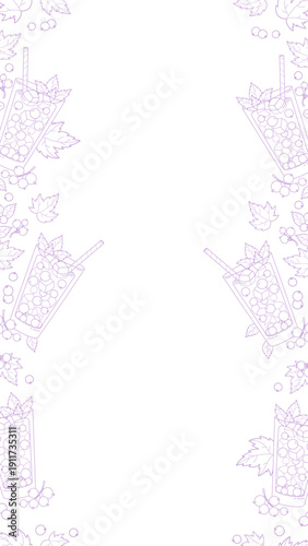 Outline Berries Drinks Seamless Border. Cocktail, Lemonade in Glass with Ice Cubes, Blackcurrant, Mint and Straw. Vertical coloring template White Background with Empty Space. Vector Illustration