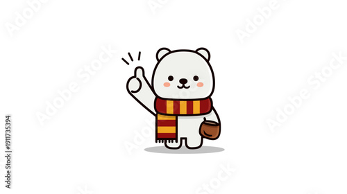 Adorable cartoon polar bear with thumbs up, scarf, and a cup, against a white background