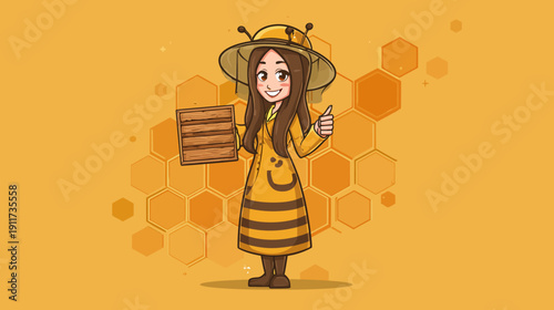 A smiling person dressed as a bee holding a wooden box and giving a thumbs up. Background is honeycombs