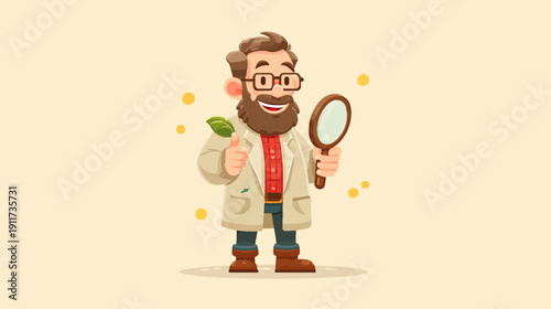 A cartoon scientist holds a magnifying glass and a leaf with a thumbs-up. Yellow dots float
