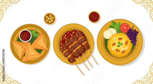 Arabic Food Set for Ramadan Iftar with Biryani Rice, Meat Kebab, and Samosa Illustration