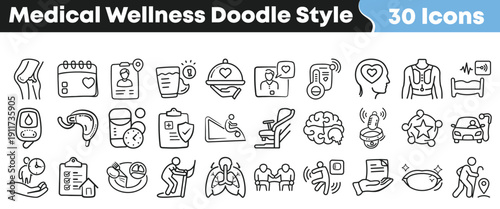 Thirty hand drawn doodle style icons representing various essential medical care elements for health and wellness monitoring applications