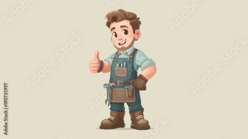 A cartoon male worker with tools in a apron giving a thumbs-up. He is smiling