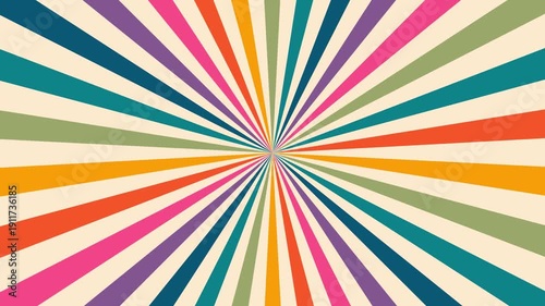 Vibrant Retro Sunburst Motion Background with Rotating Multi-Color Radial Rays in a Vintage 70s Style