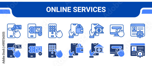 Online Services Icon Collection,  featuring Online reservation, E-ticket, Mobile apps, Digital wallet, Online banking, Subscription, Account management.