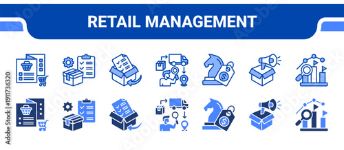 Retail Management Icon Collection,  featuring Product catalog, Inventory management, Order fulfillment, Order tracking, Pricing strategy, Promotional campaign, Competitive analysis.