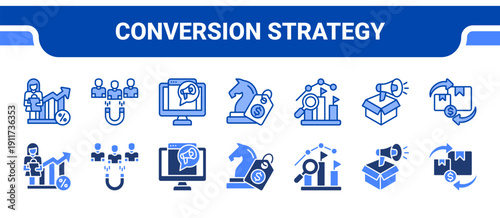 Conversion Strategy Icon Collection,  featuring Conversion rate, Customer acquisition, Digital marketing, Pricing strategy, Competitive analysis, Promotional campaign, Cross selling.