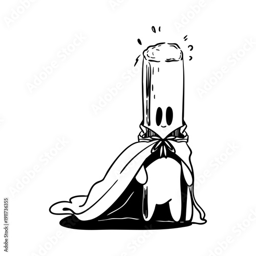 Hand drawn vector illustration of a superhero tampon in a cape, feminine hygiene product, line art