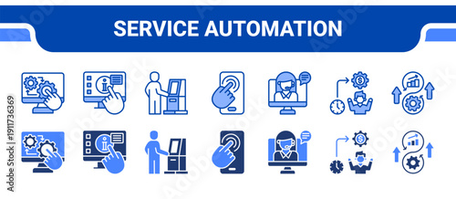 Service Automation Icon Collection,  featuring Automation, Self service, Kiosk, Touchscreen, Virtual assistant, Efficiency, Continuous improvement.