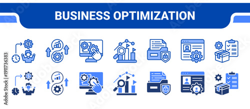 Business Optimization Icon Collection,  featuring Efficiency, Continuous improvement, Automation, Competitive analysis, Data security, Account management, Inventory management.