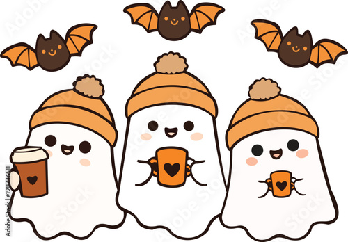 This adorable illustration shows three cuddly ghosts wearing orange knit hats and holding warm drinks, with three smiling bats fluttering above. The cozy, cheerful scene blends Halloween charm with au