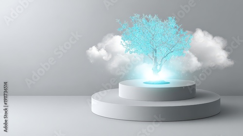 Abstract Luminous Tree Made of Blue Spheres on White Circular Podium with Cloud in a Studio with Gray Gradient Background
