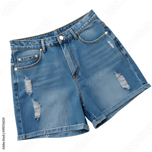 Blue distressed denim shorts isolated on transparent background