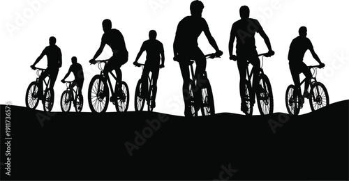 Group of cyclists mountain biking silhouette, active people riding bicycles outdoors, extreme sports and summer adventure