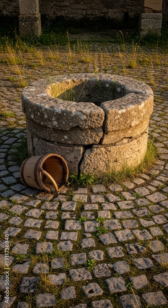 Naklejka premium Ancient stone well on cobblestone path with wooden bucket at sunset in rustic outdoor setting