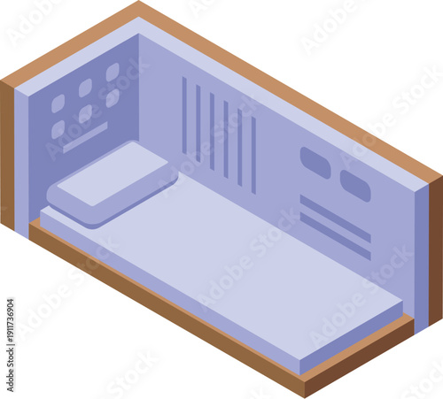 Isometric projection of a compact and contemporary capsule hotel room, featuring a single bed with a pillow, offering a private and restful space for travelers
