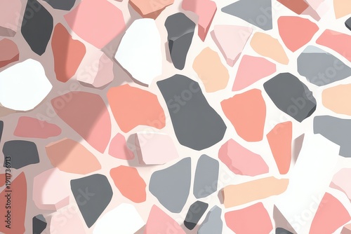 Abstract Terrazzo Pattern Background with Pink Gray Peach White Colors, Seamless Fragment Design, Geometric Shapes and Neutral Tones
