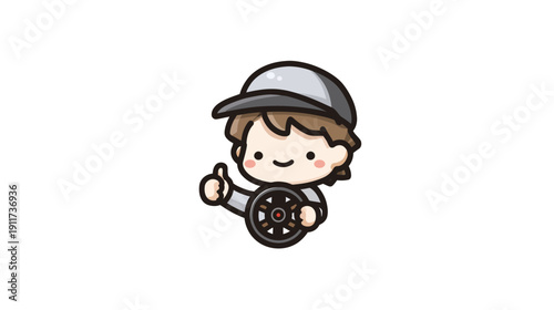 A cute cartoon person wearing a cap, holding a steering wheel, and giving a thumbs up gesture