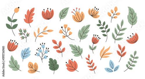 Colorful vector illustration of assorted autumn leaves and flowers isolated on transparent background