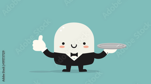 Cartoon character with egg-shaped head wearing a suit holding tray and giving thumbs up