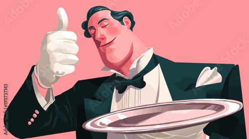 Illustration of a traditionally dressed man holding a tray, smiling with a thumbs up