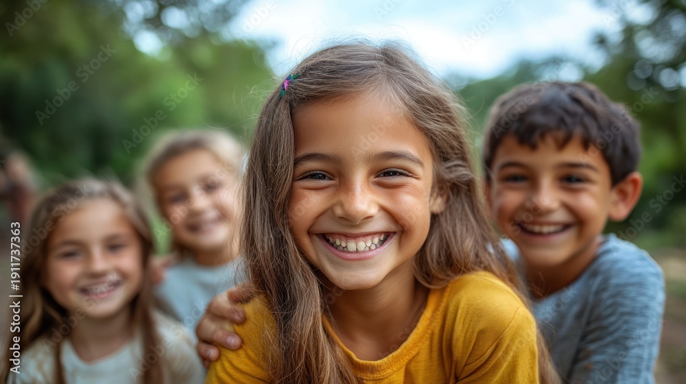 Fototapeta premium Happy kids smiling outdoors, park background, friendship