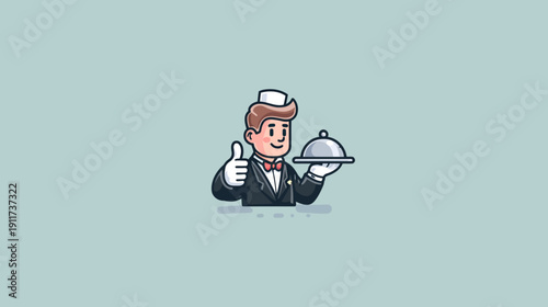 A cartoon waiter in a suit gives a thumbs-up while holding a cloche on a light blue background