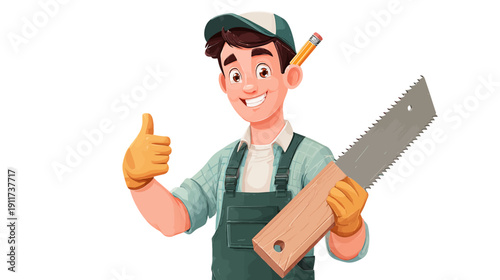 Cartoon carpenter with thumbs up, holding saw and pencil behind his ear, smiling