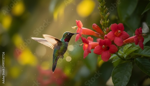 Hummingbird feeding from red flowers in lush garden