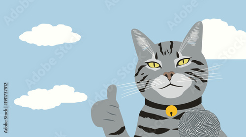 Cartoon illustration of a grey tabby cat with a thumbs up and a ball of yarn, set against a blue sky