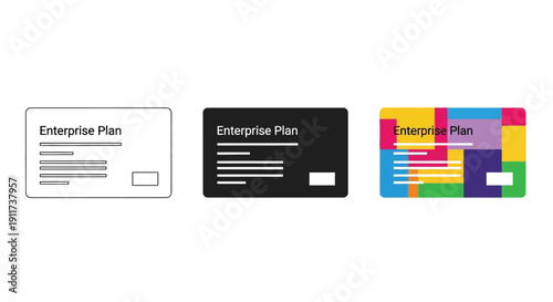 Three distinct visual styles of an enterprise plan card representation showing outline solid and full color variations for design assets