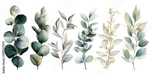 Botanical Watercolor Illustration Featuring Various Green Hues and Leafy Textures Against a Clean White Backdrop in a Detailed and Delicate Style