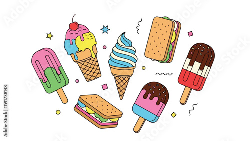 Colorful illustration of various ice cream treats and sandwiches on a white background with decorative elements.