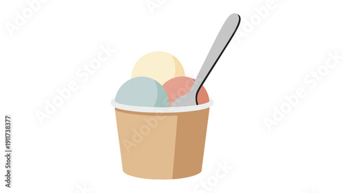 Flat illustration of a brown paper cup filled with colorful ice cream and a spoon on a plain white background.
