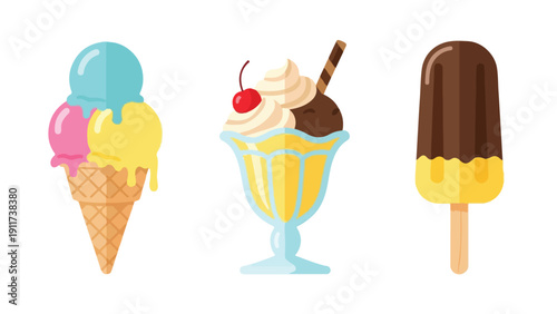 Flat lay of colorful ice cream treats on a white background, including a waffle cone, sundae, and popsicle.