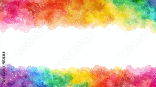 Colorful Watercolor Abstract Background with Rainbow Hues and Speckled Texture Top and Bottom Frame on Clean White Space for Text or Graphic Overlay