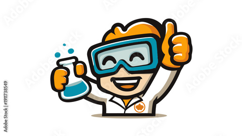 A cartoon scientist holds a flask with blue liquid, smiles, gives a thumbs up