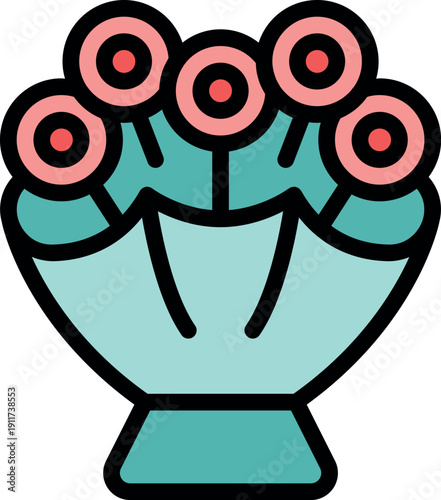 Five pink lollipop flowers growing in a seashell pot, simple colored vector icon