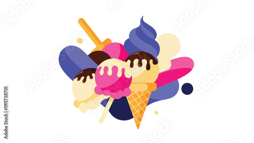 Colorful flat lay of assorted ice cream cones and scoops with drizzled toppings against a clean white background.