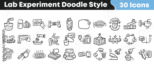 Collection of thirty doodle style icons representing various laboratory experiments research and scientific processes for easy use.